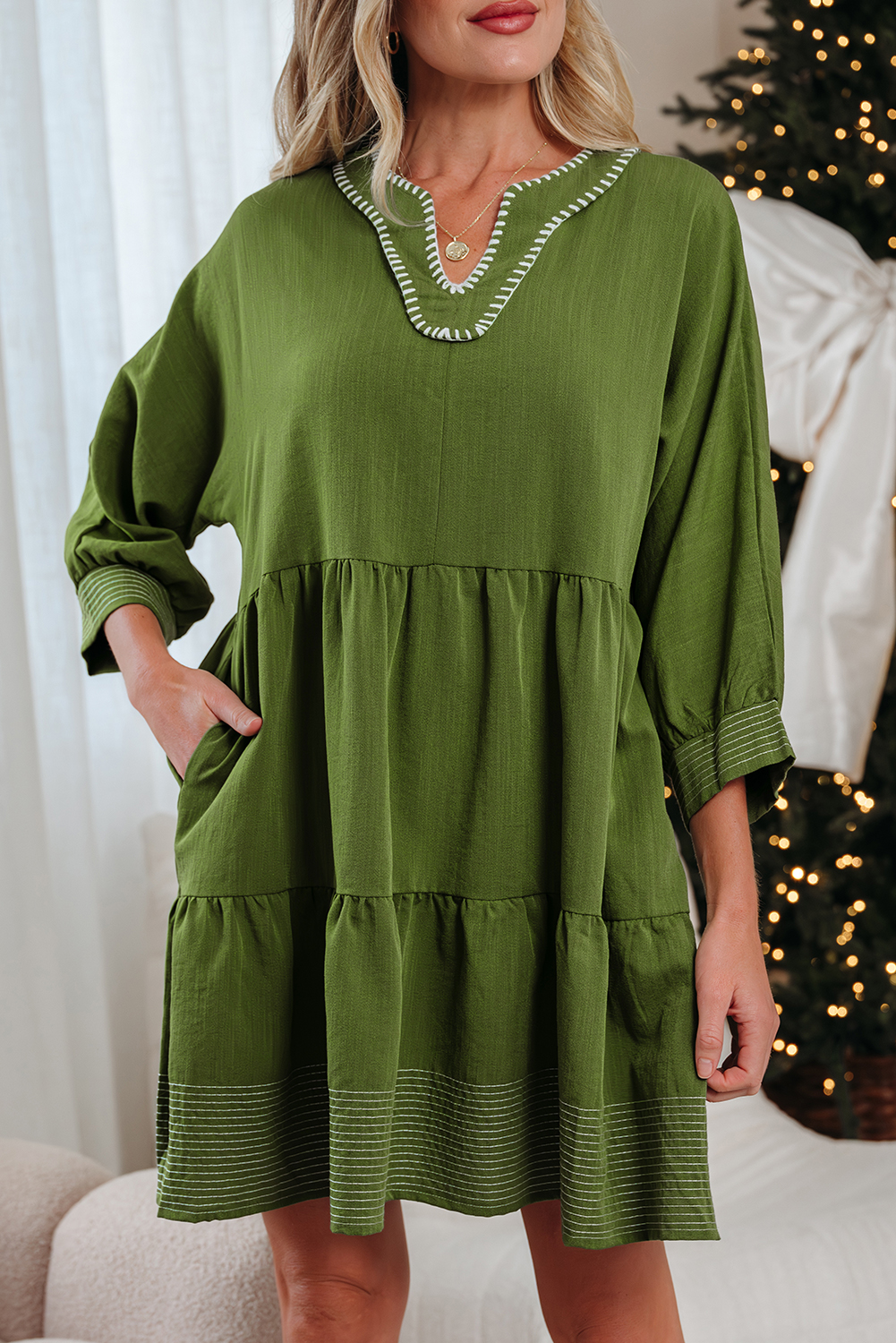 Jungle Green Contrast Stitched V Neck 3/4 Sleeve Tiered Mini Dress - Image 7