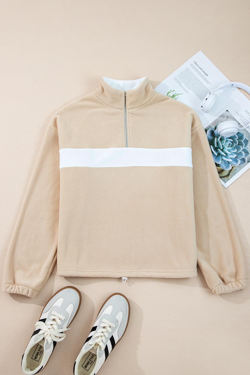 Parchment Fleece Colorblock Patchwork Zipped Neck Pullover Sweatshirt - Image 8