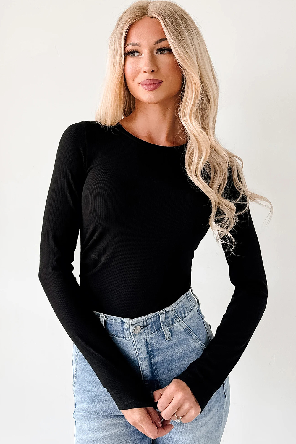 Black Ribbed Long Sleeve Crew Neck Solid Color Bodysuit - Image 5