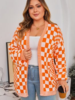 Orange Plus Size Checkered Bubble Sleeve Drop Shoulder Open Cardigan