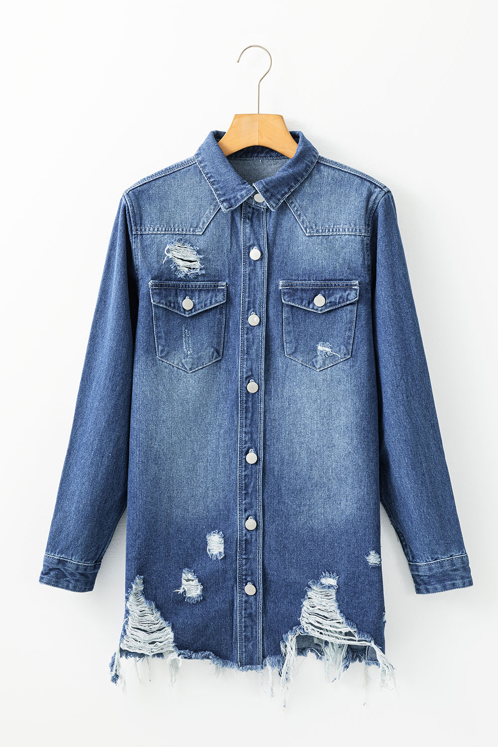 Sky Blue Light Wash Distressed Frayed Long Denim Jacket - Image 4
