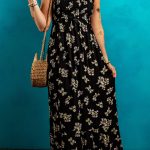 Black Floral Spaghetti Strap Shirred Bodice Tied Empire Waist Maxi Dress
