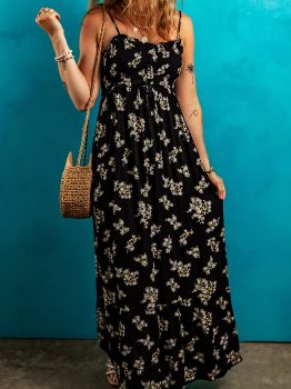 Black Floral Spaghetti Strap Shirred Bodice Tied Empire Waist Maxi Dress