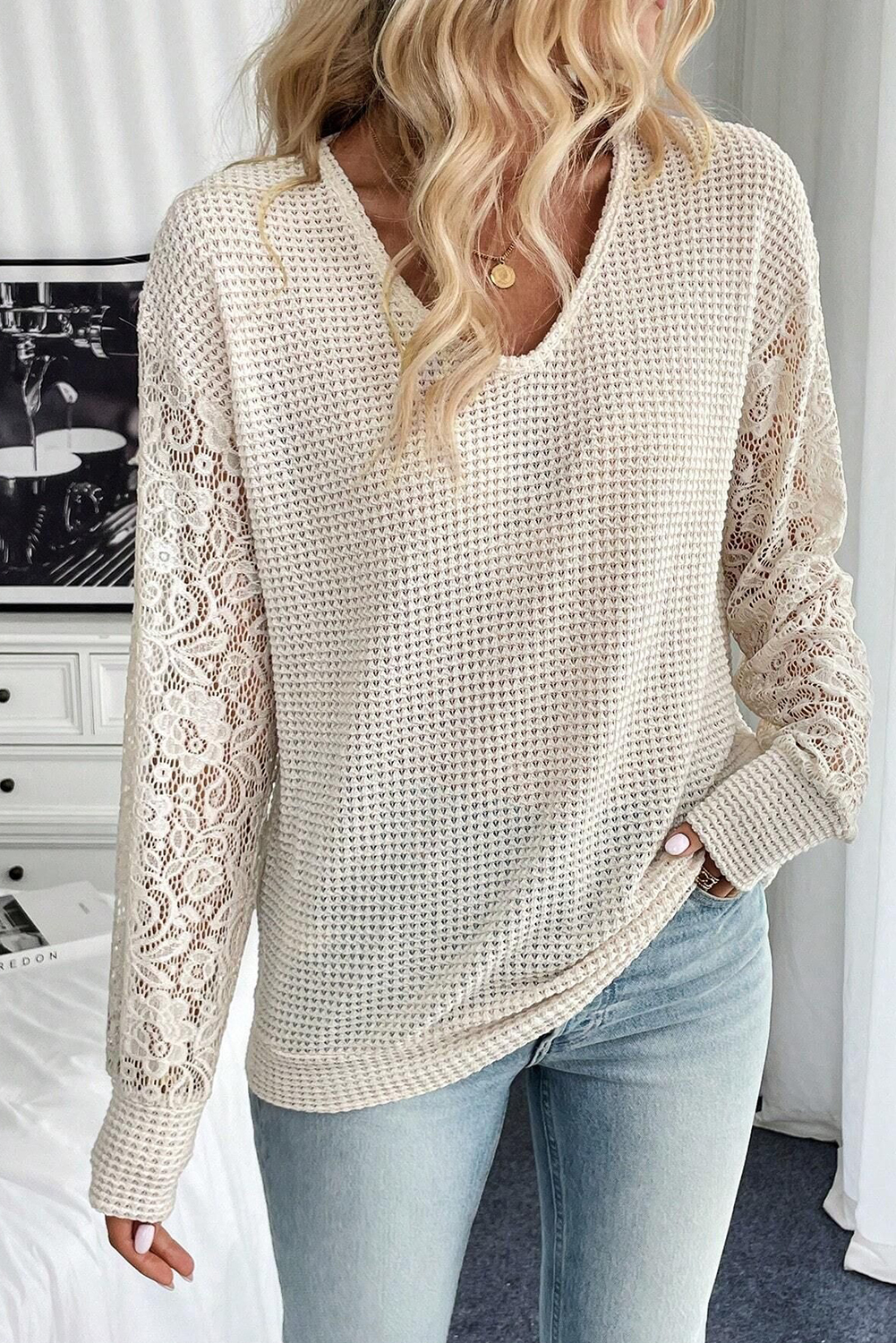 Beige V Neck Breathable Knit Drop Shoulder Lace Sleeve Patchwork Top - Image 3