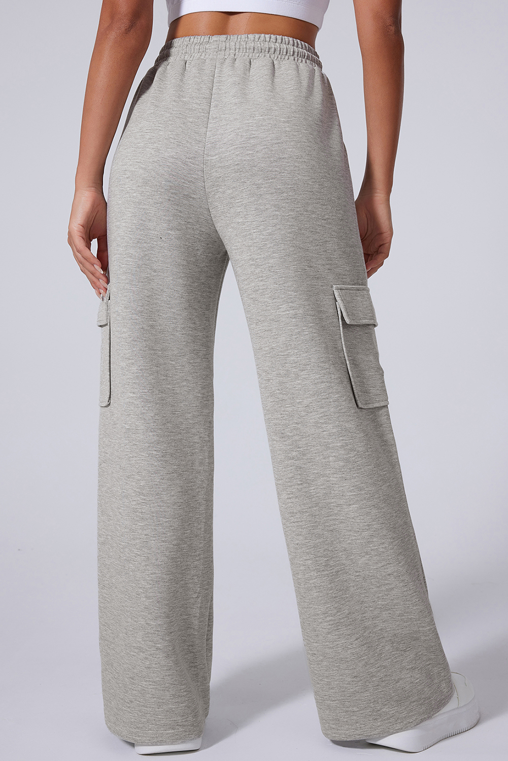 Light Grey Multi Pockets Lace-up High Waist Wide Leg Workout Pants - Image 2