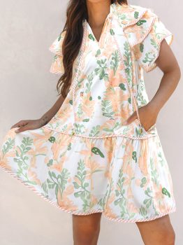 Orange Floral Contrast Edge Layered Short Sleeve Mini Dress