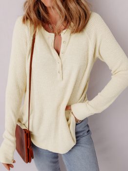 Oatmeal Textured Knit Half Buttons Henley Top