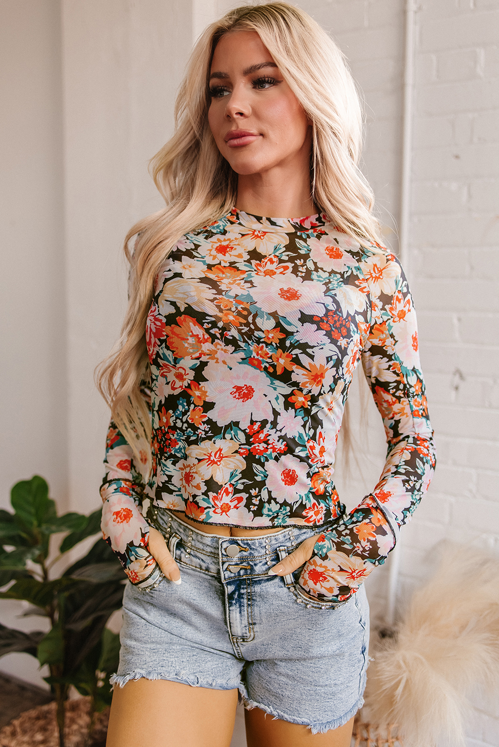 Orange Floral Mesh Slim Long Sleeve Crop Top - Image 5