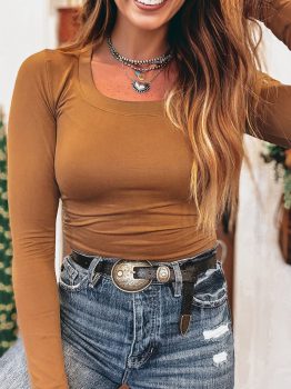 Chestnut Solid Color Long Sleeve Fitted Top