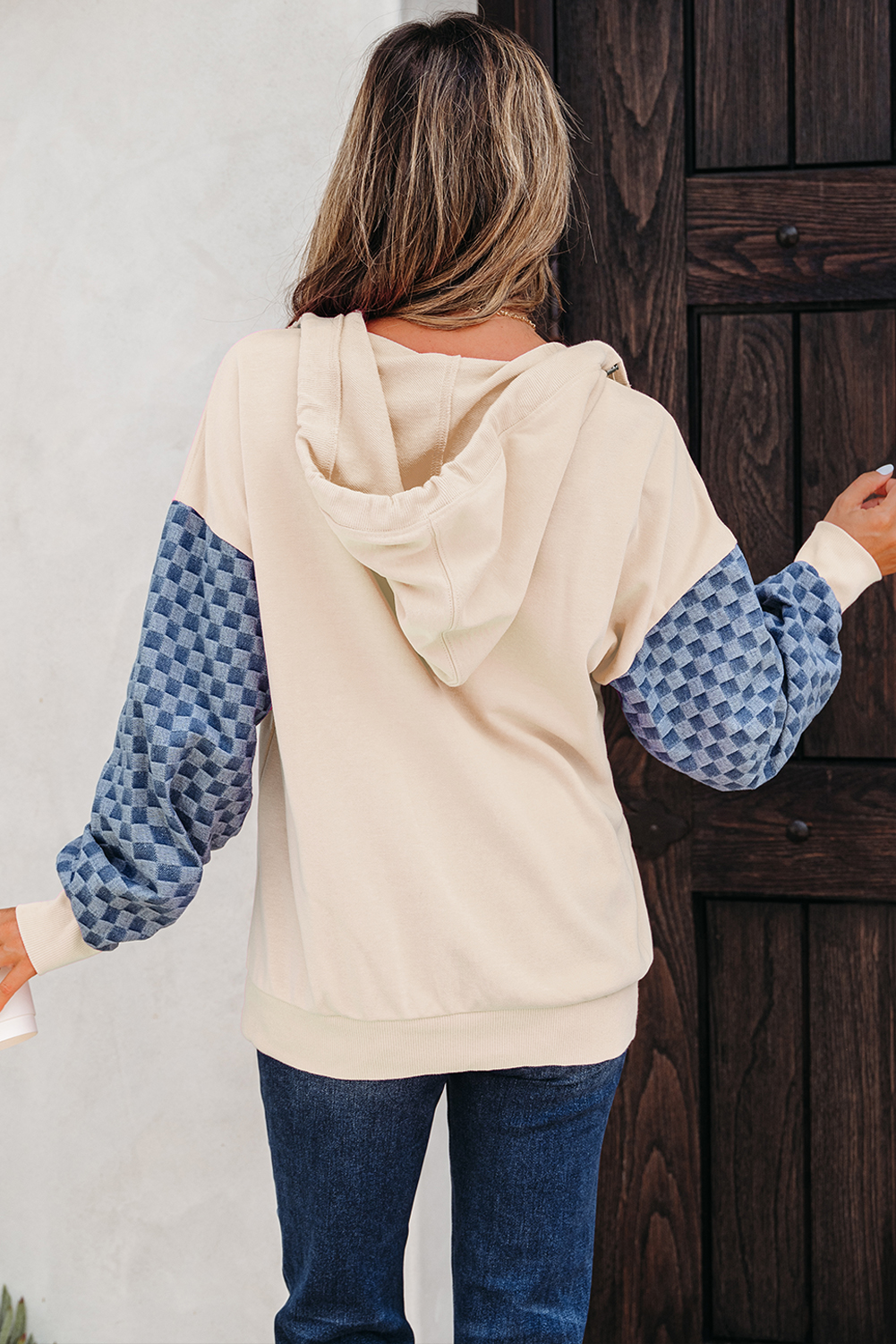 Parchment Checkered Patchwork Kangaroo Pocket Half Zipper Hoodie - Image 9