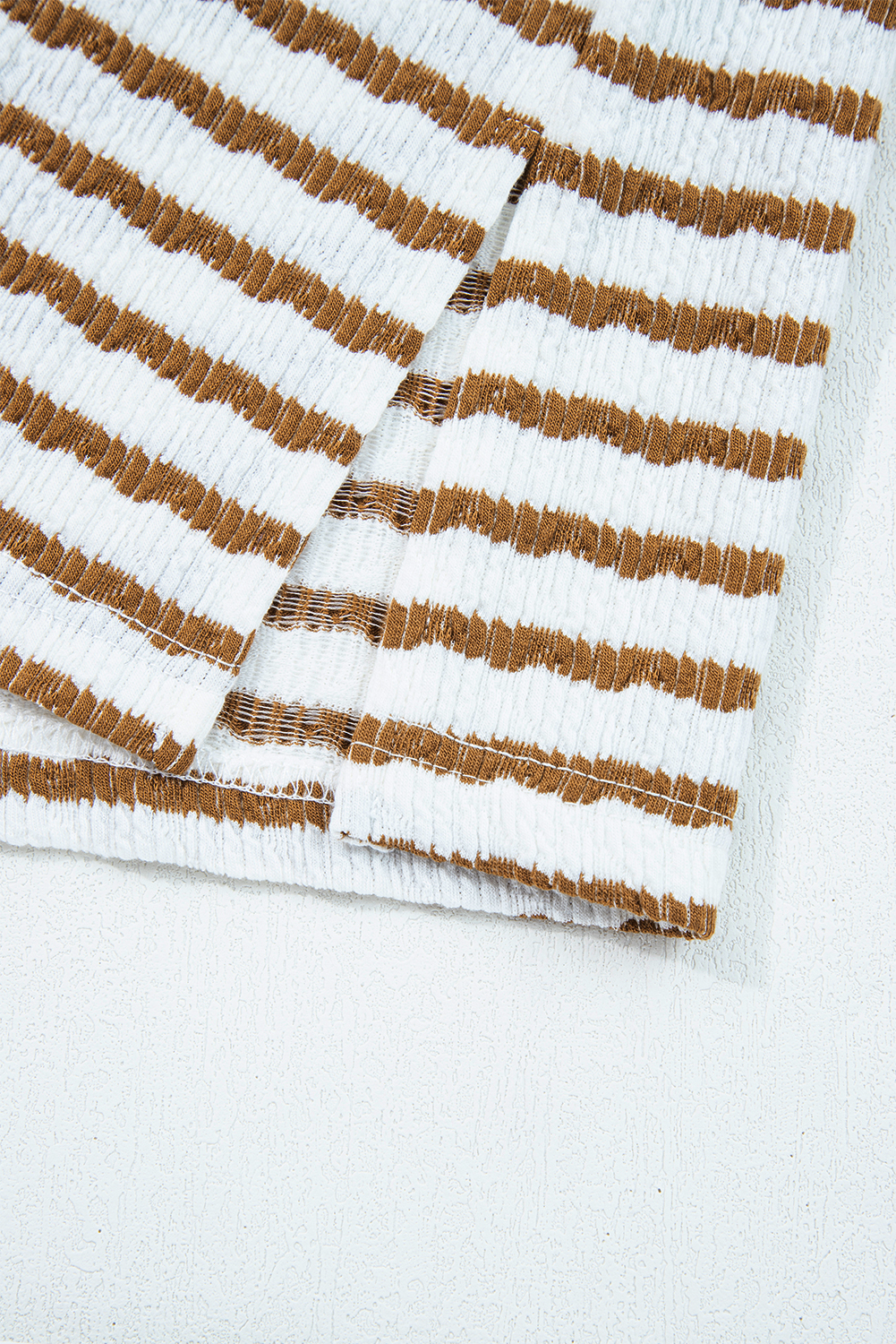 Khaki Stripe Plus Size Collared V Neck Loose Pullover Drawstring Elastic Waist Wide Leg Pant Set - Image 7