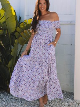 Purple Floral Short Bubble Sleeve Shirred High Waist Maxi Dress