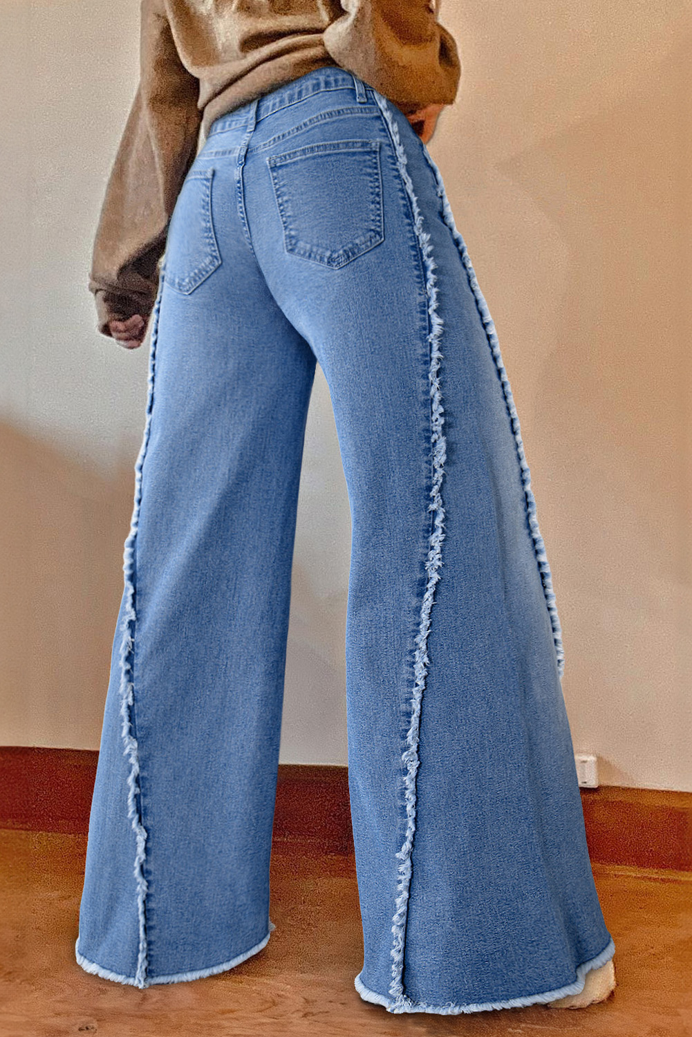 Beau Blue Vintage Stitching Raw Hem Flared Jeans - Image 2