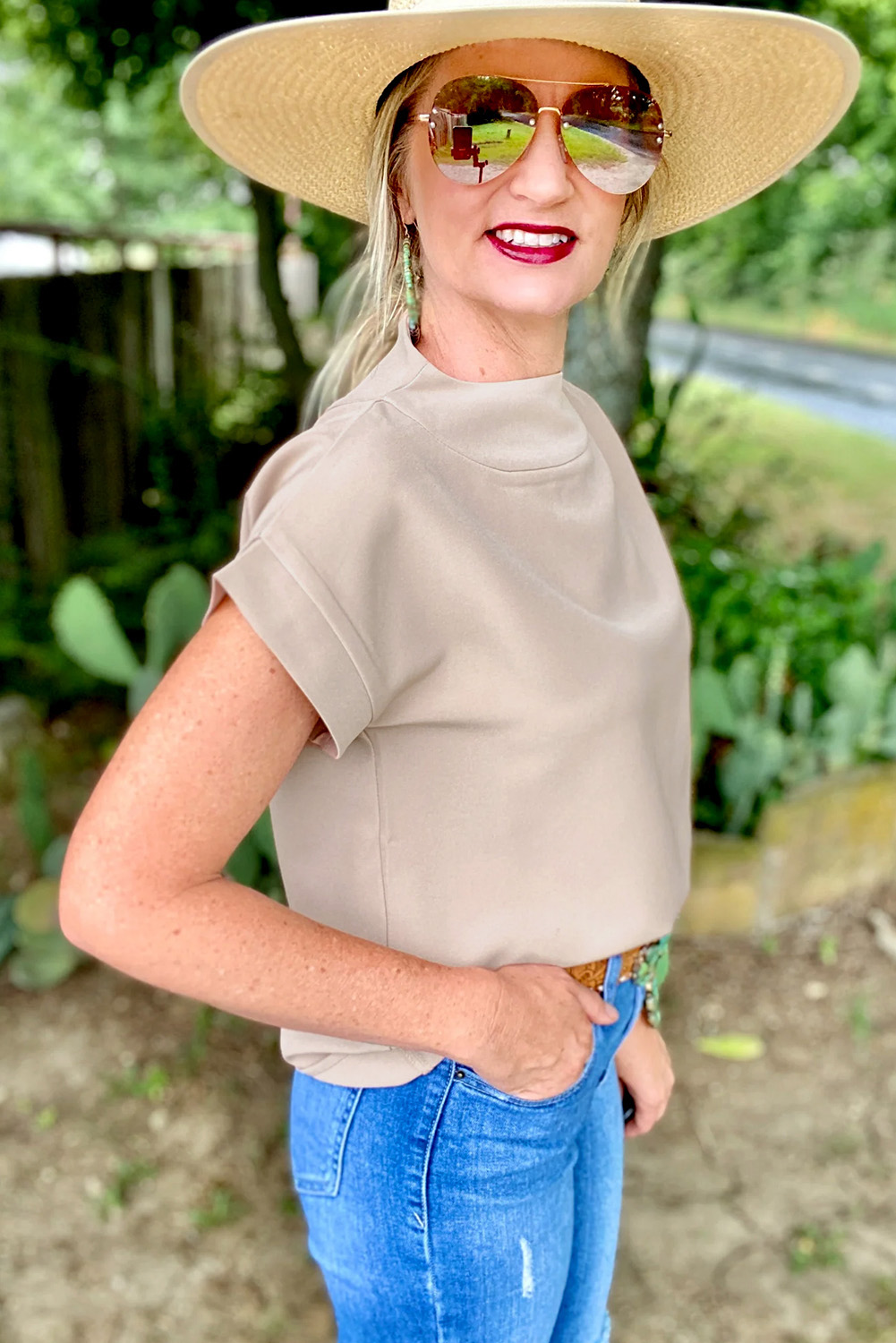 Oatmeal Plain Crew Neck Loose Fit Casual Top - Image 3