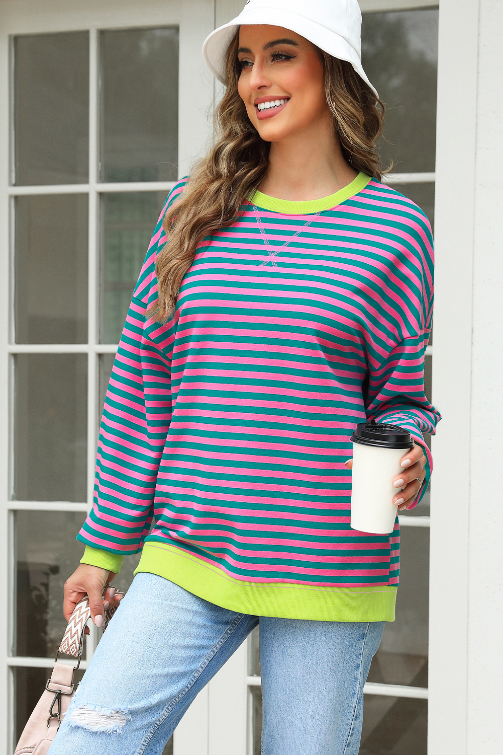 Rose Stripe Contrast Ribbed Trim Crossed Stitch Drop Shoulder Sweatshirt - Image 8
