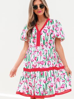 Pink Floral Print Contrast Trim V Neck Bubble Short Sleeve Babydoll Dress
