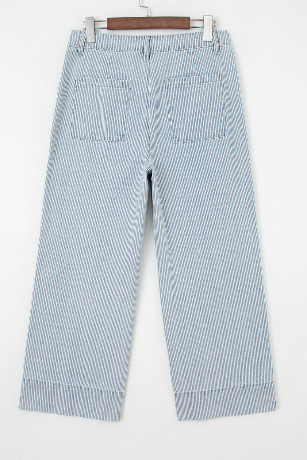Sky Blue Stripe Button Flap Pocket Cuffed Hem Wide Leg Jeans - Image 5