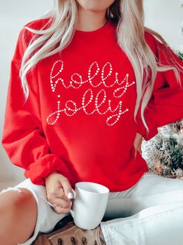 Red Christmas holly jolly Ceramic Rhinestone Letter Graphic Sweatshirt