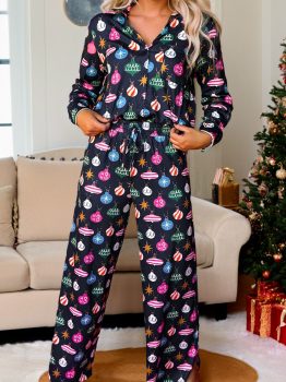 Navy Blue Colorful Christmas Lights Print Shirt and Pants Pajama Set