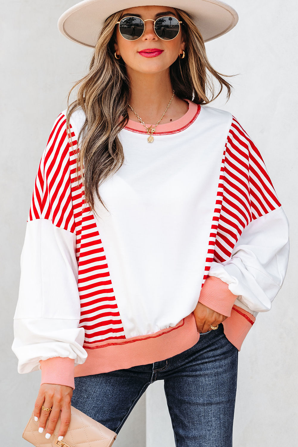 Red Stripe Colorblock Patchwork Contrast Stitching Oversize Sweatshirt - Image 4