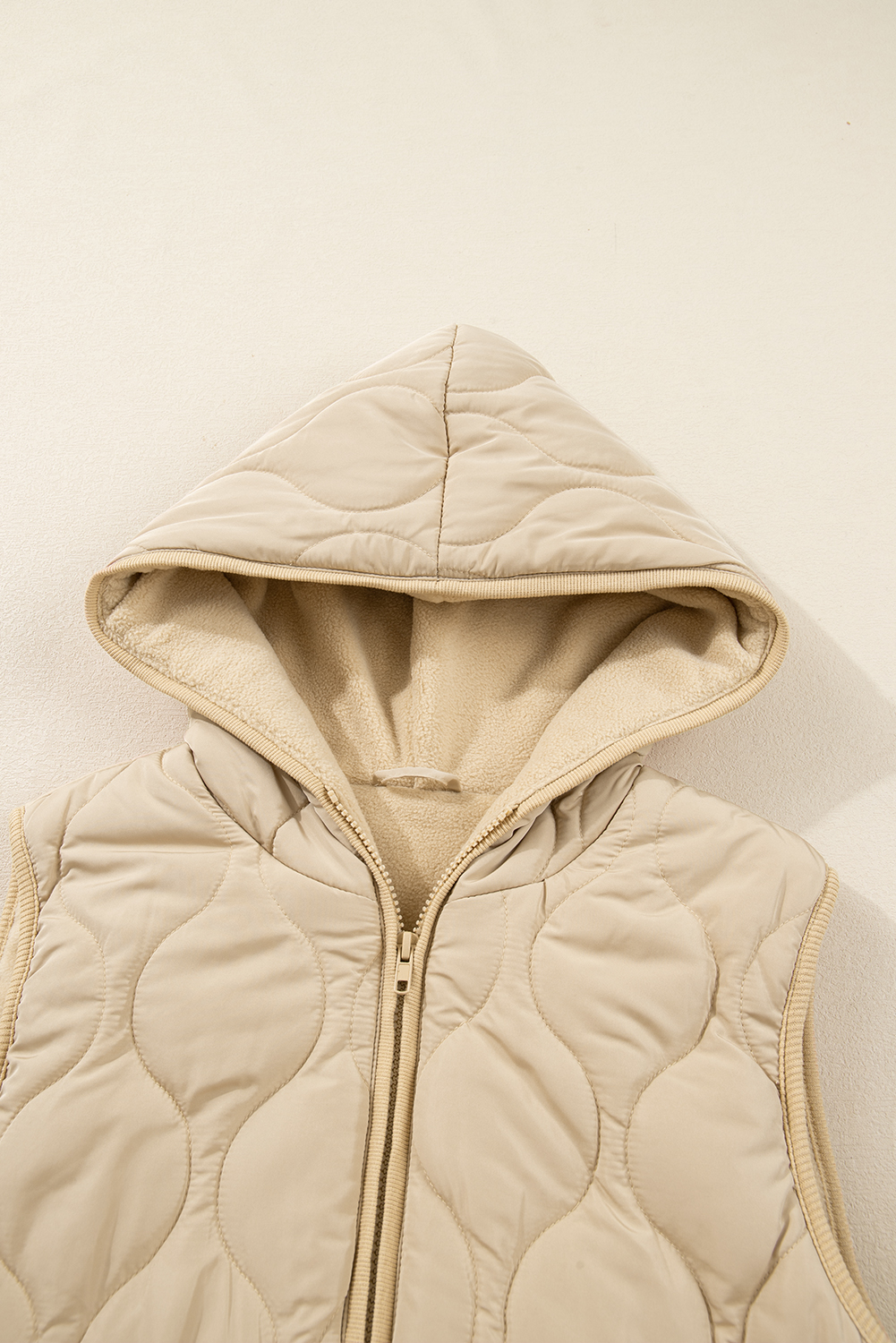 Pale Khaki Quilted Padded Casual Winter Jacket Vest with Fleece Lining - Image 8