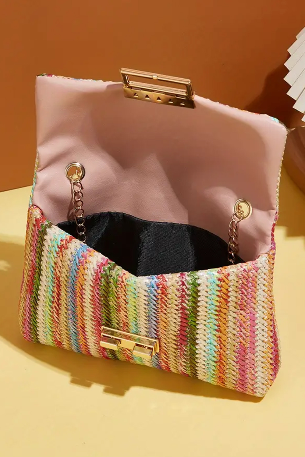 Strawberry Pink Bohemian Woven Gold Chain Shoulder Bag - Image 5