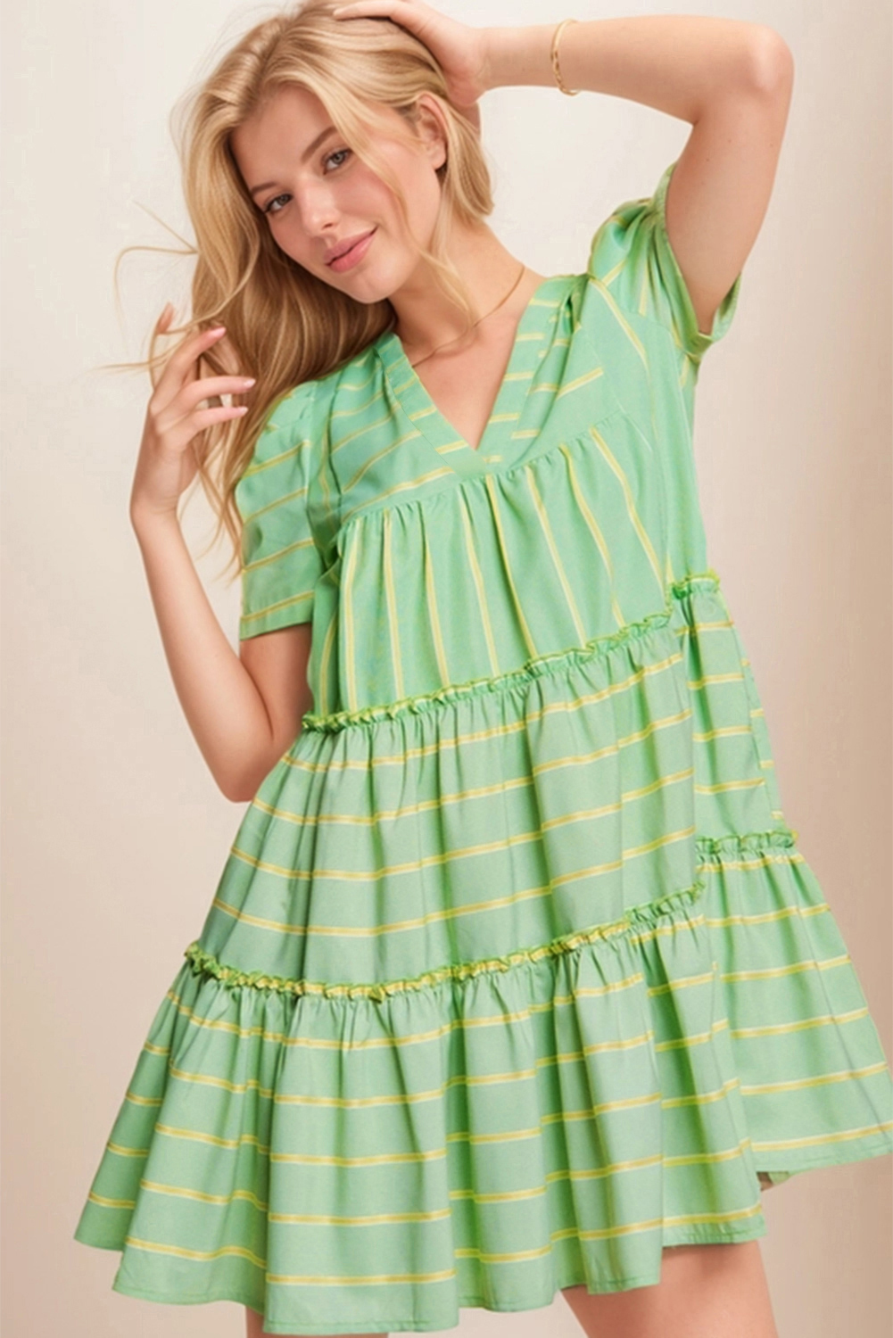 Green Stripe V Neck Short Sleeve Frilled Detail A-line Dress - Image 5