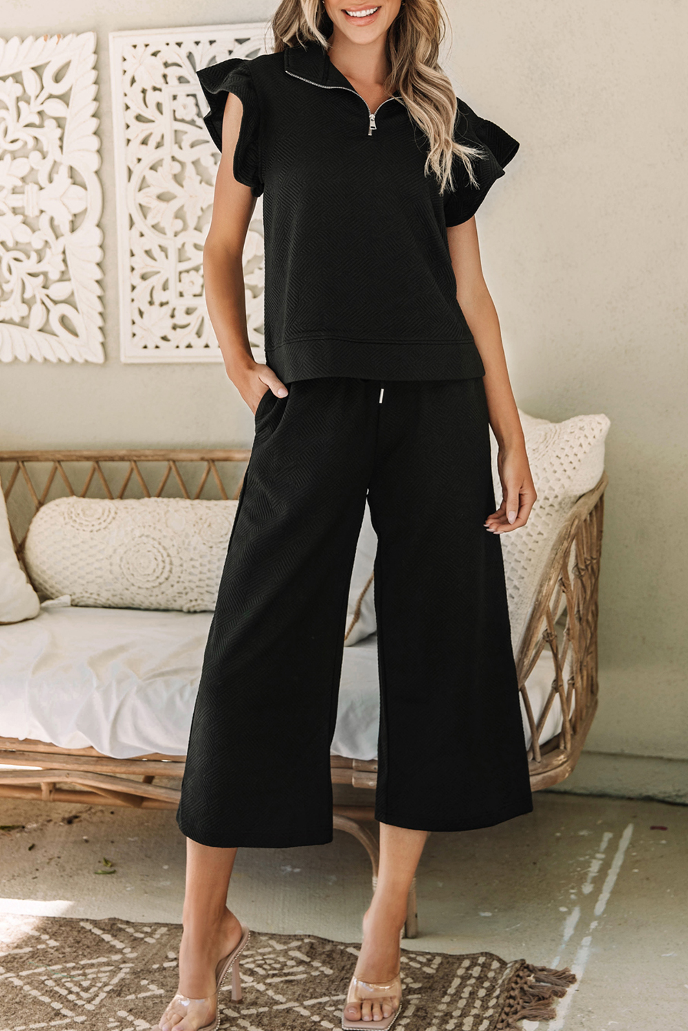 Black Textured Flutter Sleeve Top Wide Leg Pants Set - Image 5