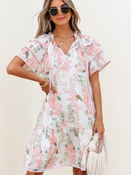 Pink Floral Contrast Edge Layered Short Sleeve Mini Dress