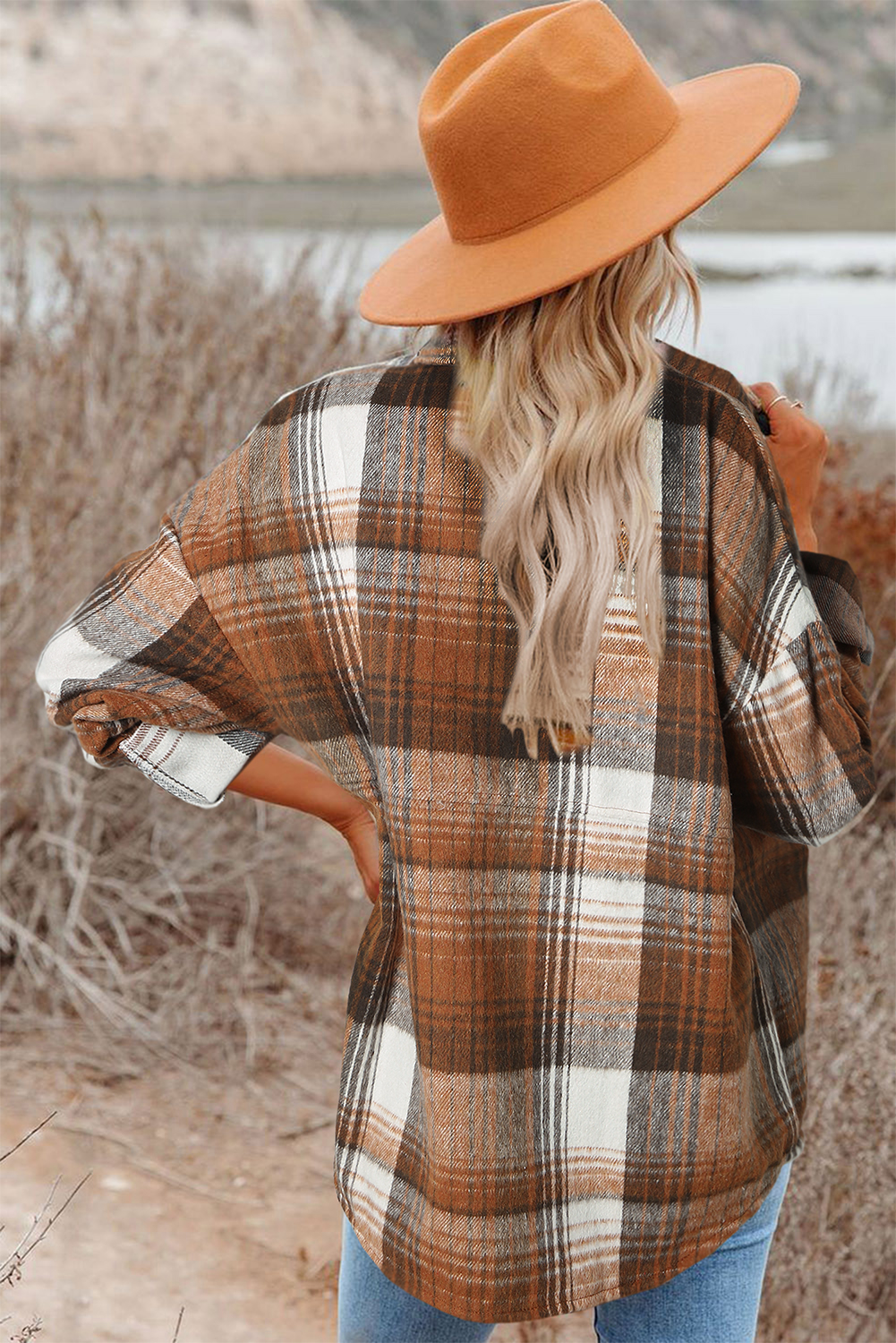 Brown Plaid Flap Pockets Shacket - Image 2