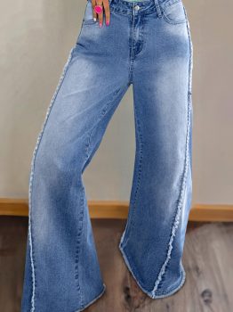 Beau Blue Vintage Stitching Raw Hem Flared Jeans