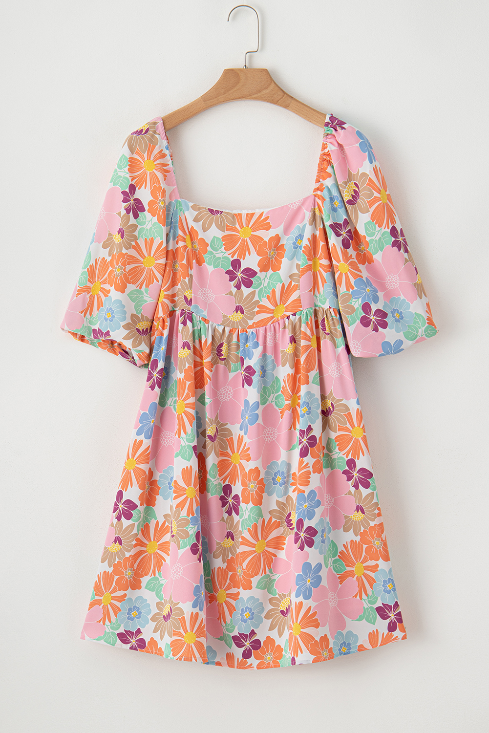 Pink Summer Floral Square Neck Puff Sleeve Babydoll Dress - Image 8