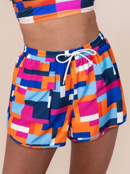 Rose Geometric Printed Drawstring Waist Beach Shorts with Pockets