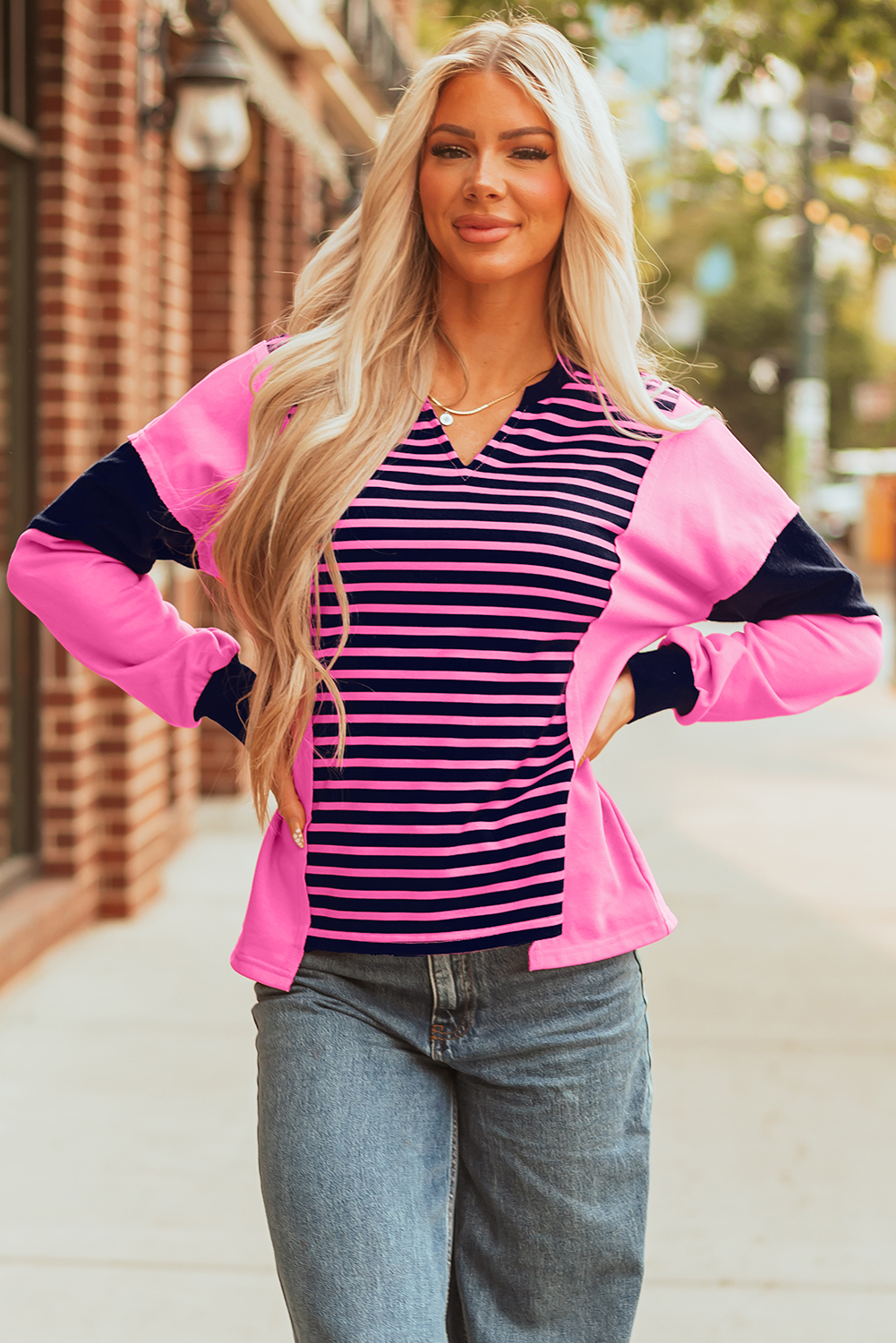 Pink Stripe Color Block V Neck Loose Fit Long Sleeve Top - Image 4