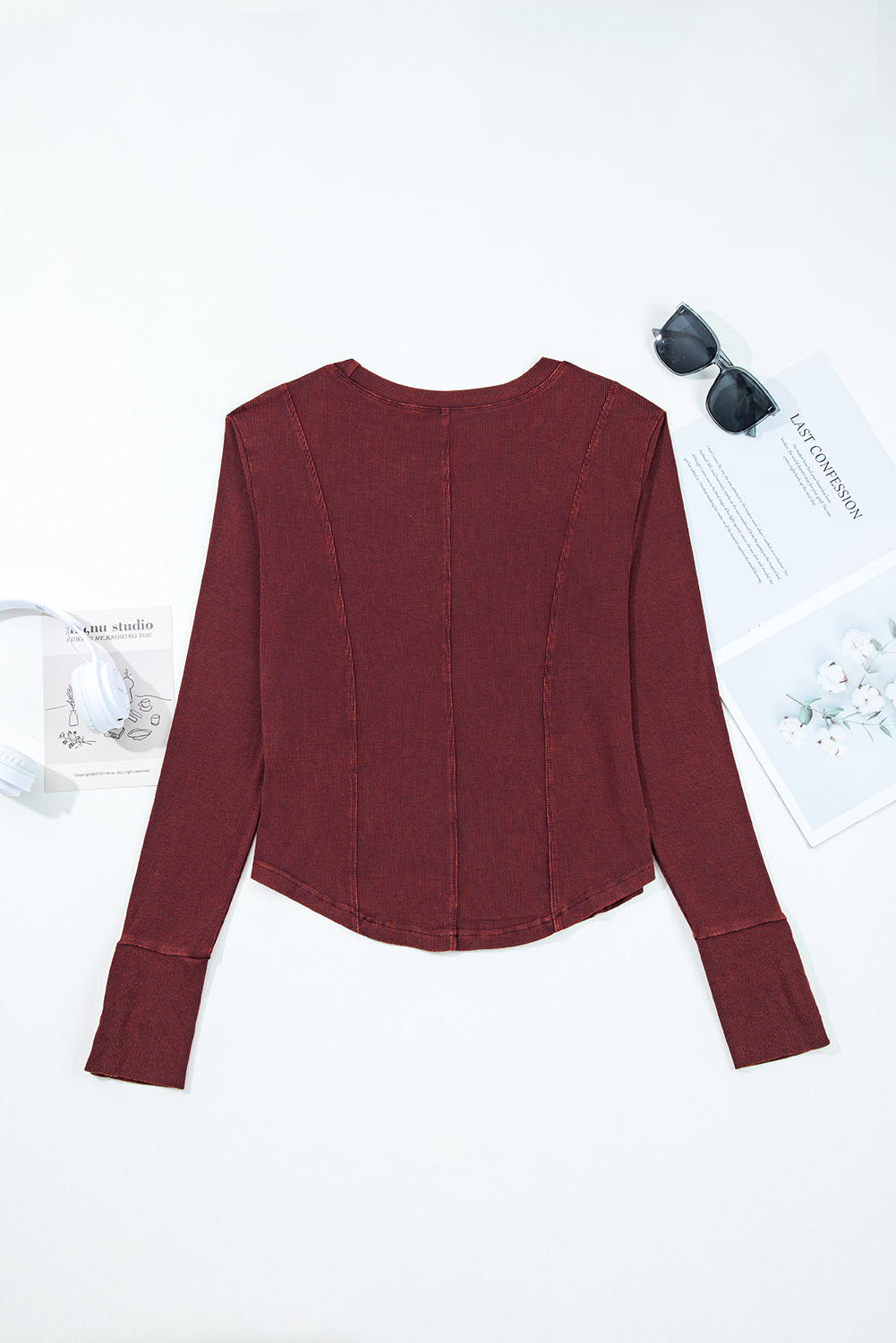 Burgundy Exposed Seam Ribbed Long Sleeve Top - Image 5