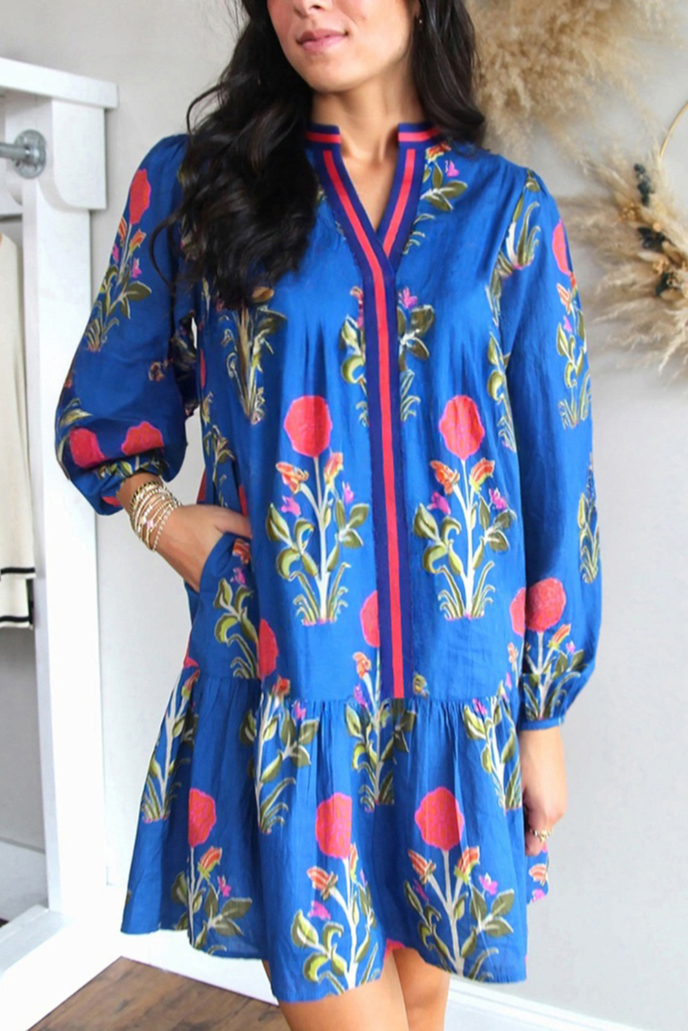 Sky Blue Floral Print Contrast Striped Trim Notched Neck Long Sleeve Dress - Image 2