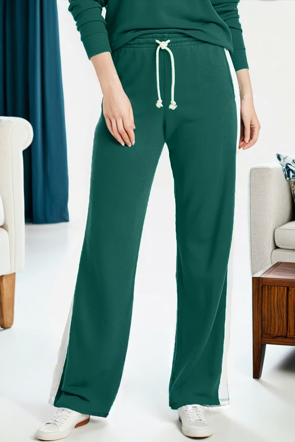 Sea Green Solid Color Pullover Top Varsity Stripe Detail Loose Drawstring Pants Set - Image 2