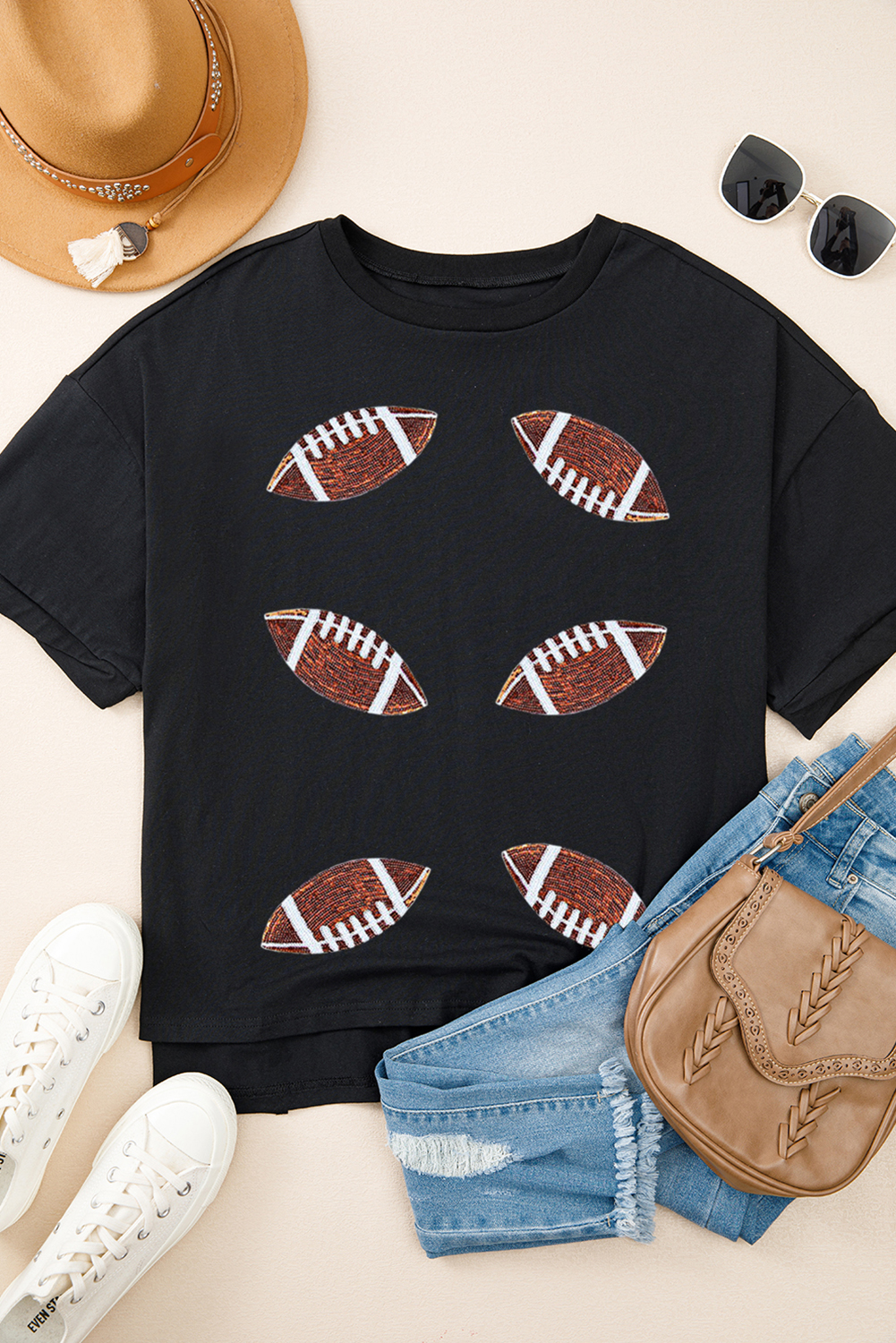 Black Sequin Rugby Football Patched Crewneck Loose T Shirt - Image 2