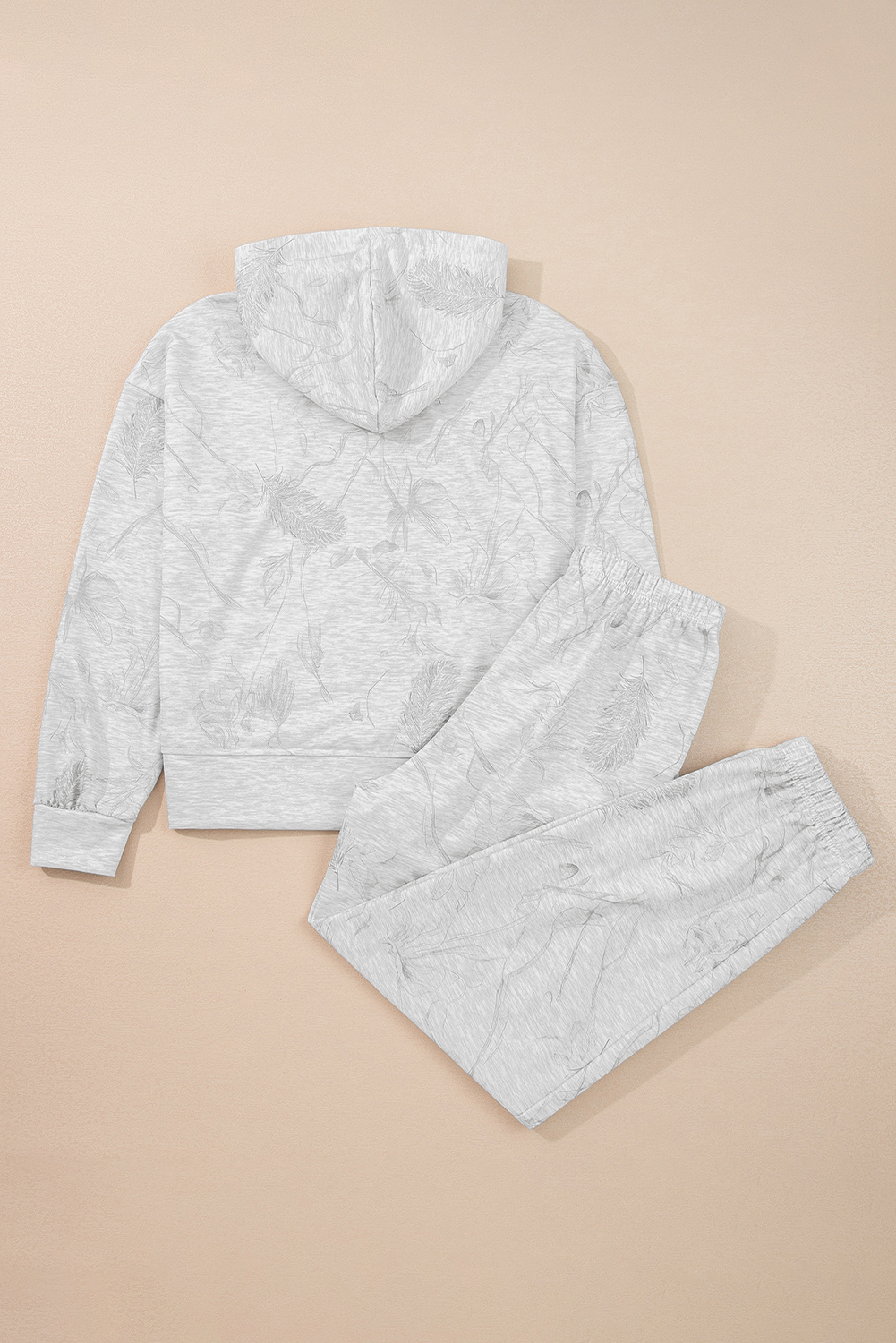 Light Grey Abstract Print Loose Drop Sleeve Hoodie Elastic Waistband 2pcs Pant Set - Image 4