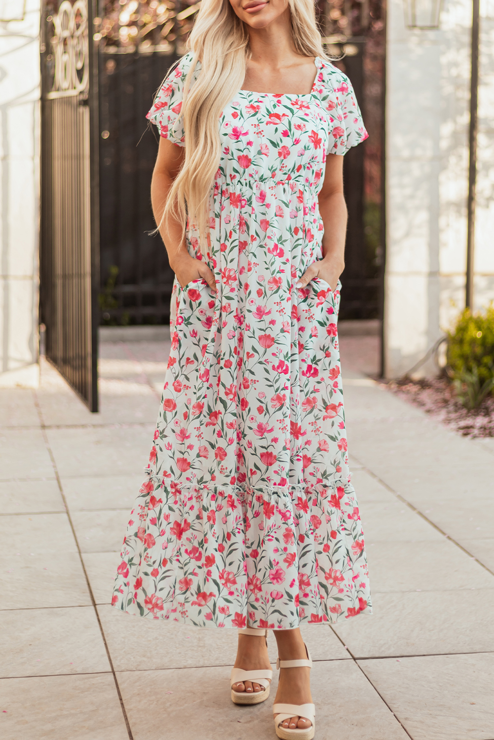 Pink Floral Puff Sleeve Square Neck Empire Waist Tiered Maxi Dress - Image 8