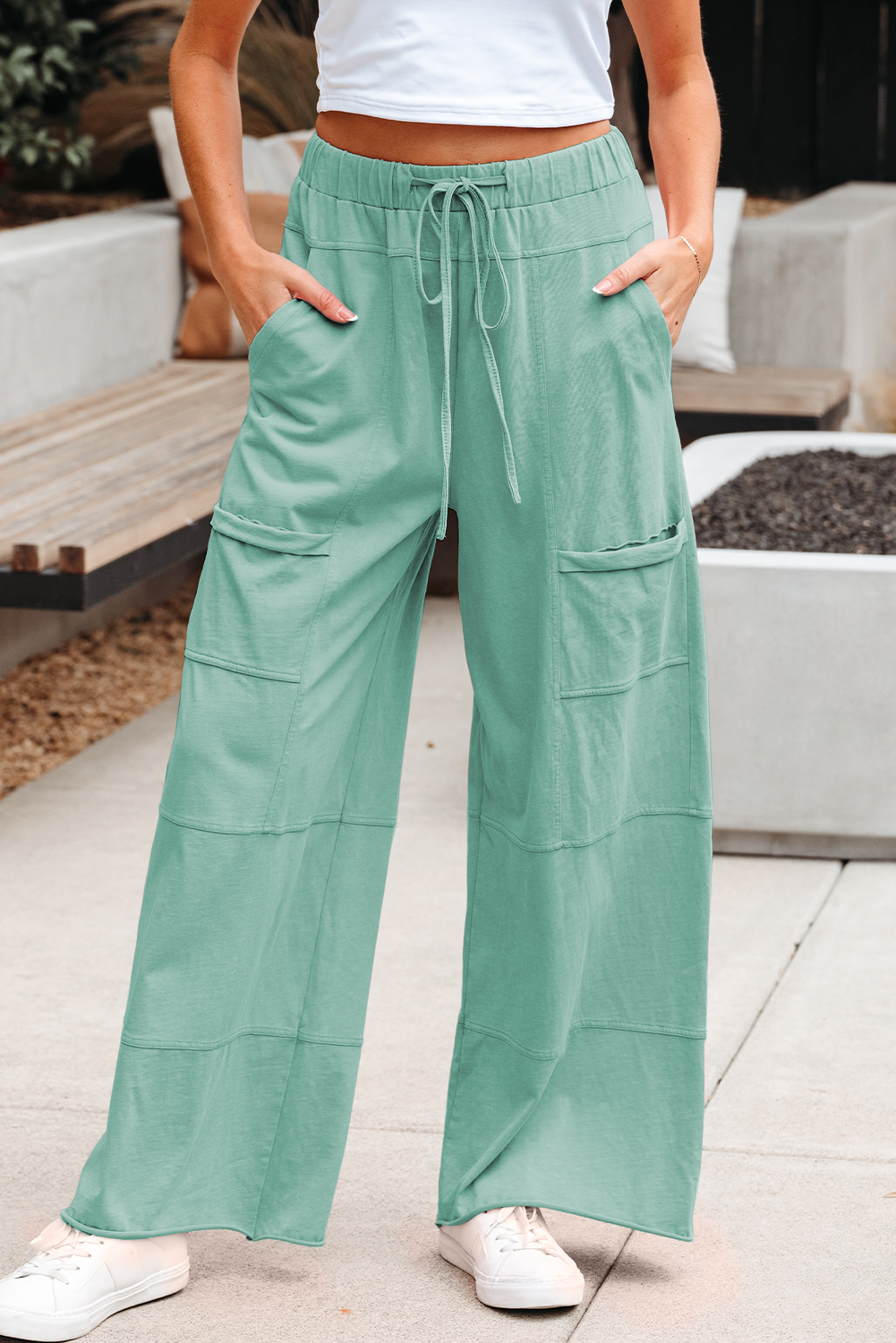 Mint Green Mineral Wash Exposed Seam Drawstring Elastic Waistband Wide Leg Cargo Pants - Image 3