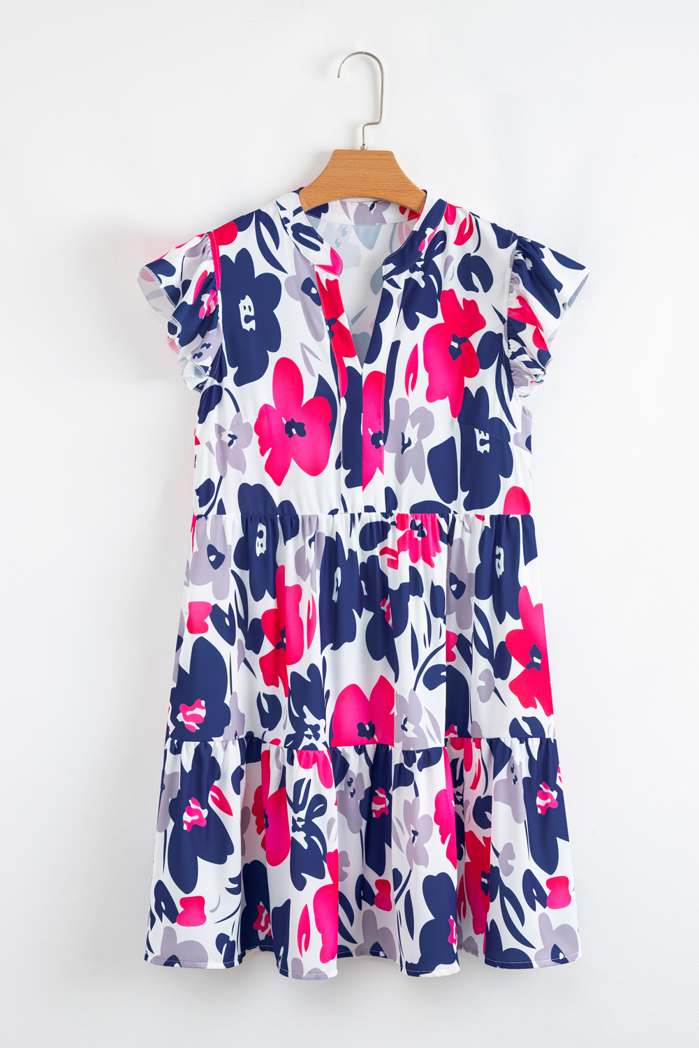 Fashion Floral Print Notched Neck Flutter Sleeve Mini Dress - Image 5