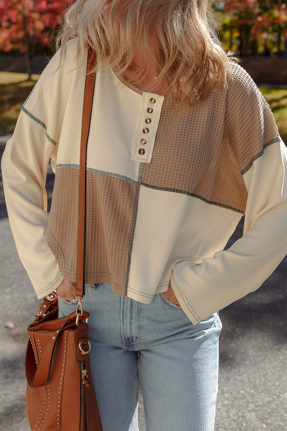 Beige Color Block Waffle Knit Stitch Detail Long Sleeve Top - Image 3