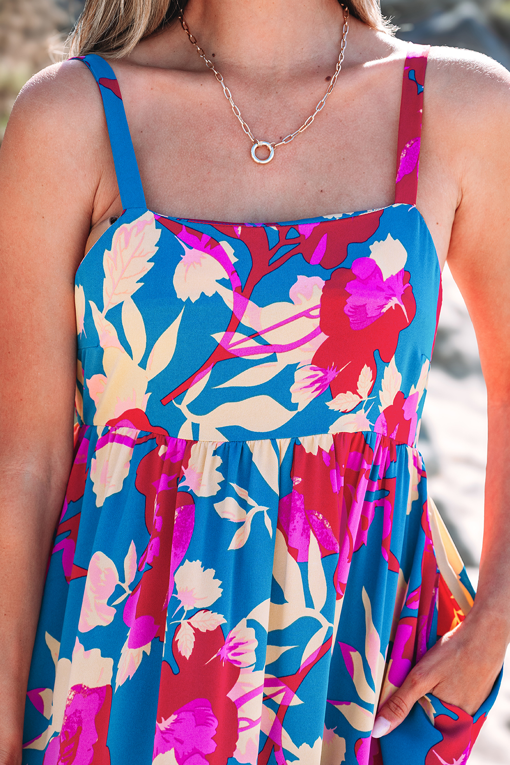 Dark Blue Floral High Waist Sleeveless Flared Long Dress - Image 7