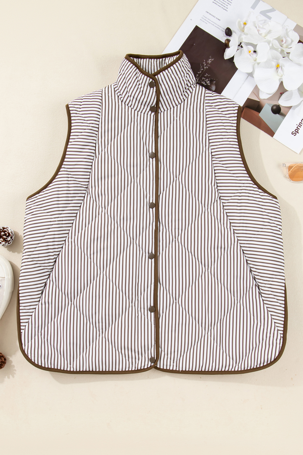 Brown Stripe Quilted Wavy Hem Snap Button Plus Size Vest - Image 5