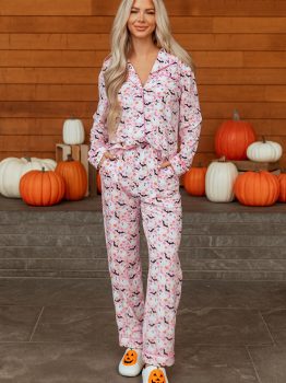 Pink Halloween Eve Haunted Honey Bat Print Pajama Set