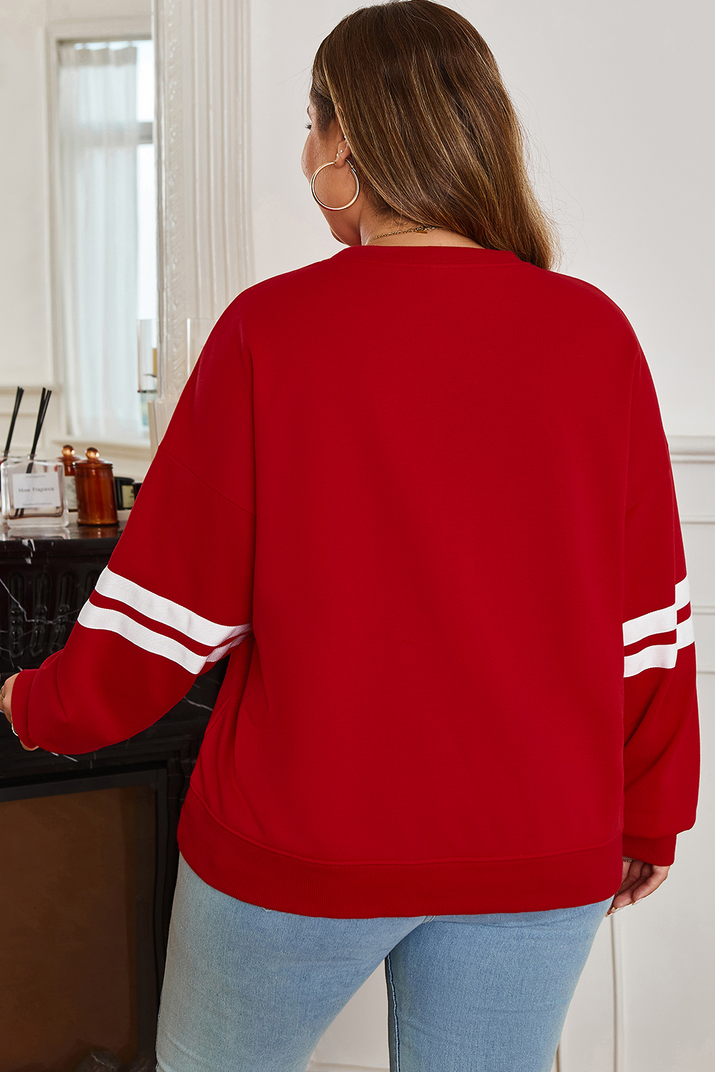 Fiery Red Varsity Striped Detail Crew Neck Plus Sweatshirt - Image 2