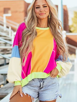 Grapefruit Orange Colorblock Patchwork Exposed Stitching Oversize Top