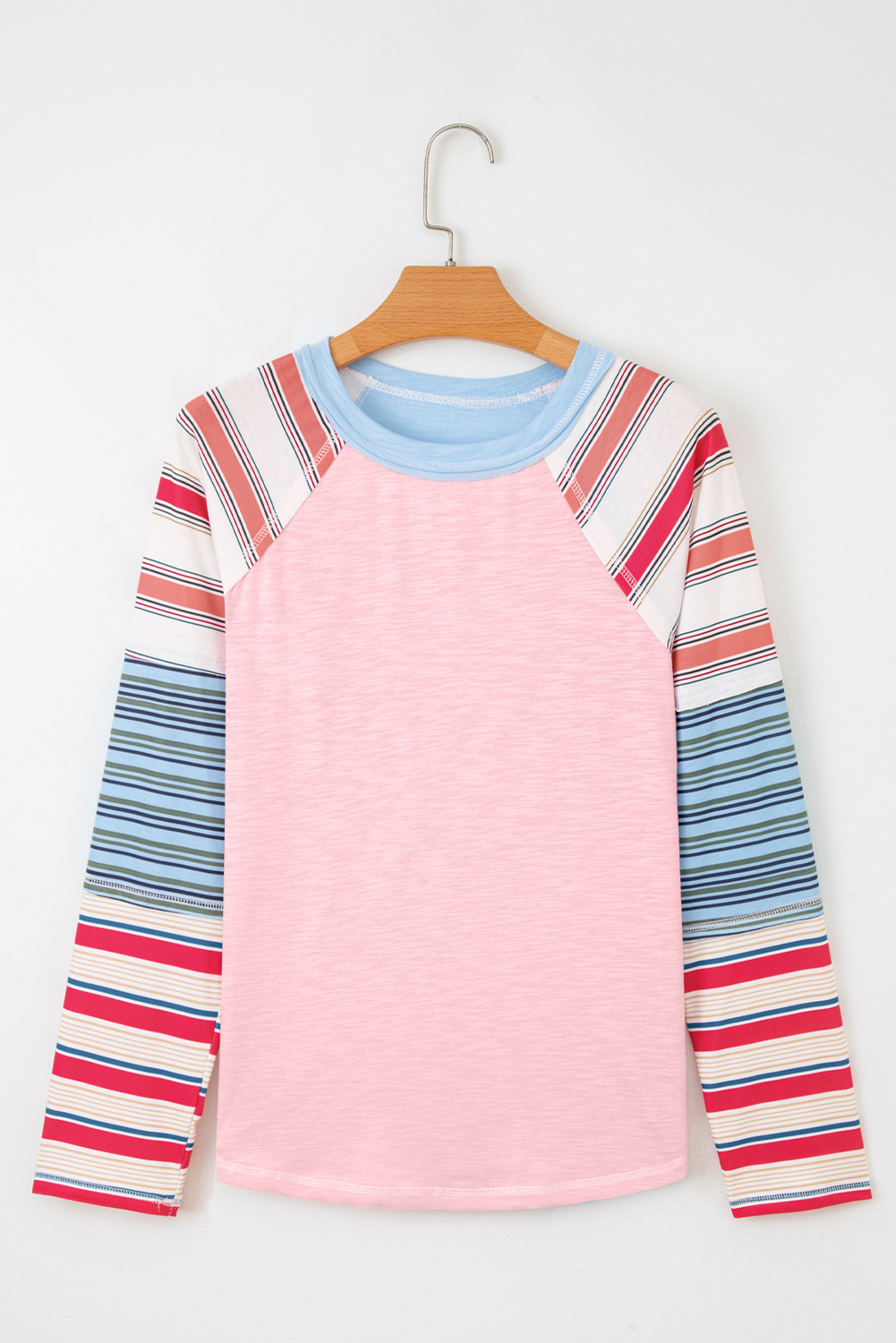 Pink Color Block Round Neck Exposed Seam Patchwork Striped Long Sleeve Top - Image 3