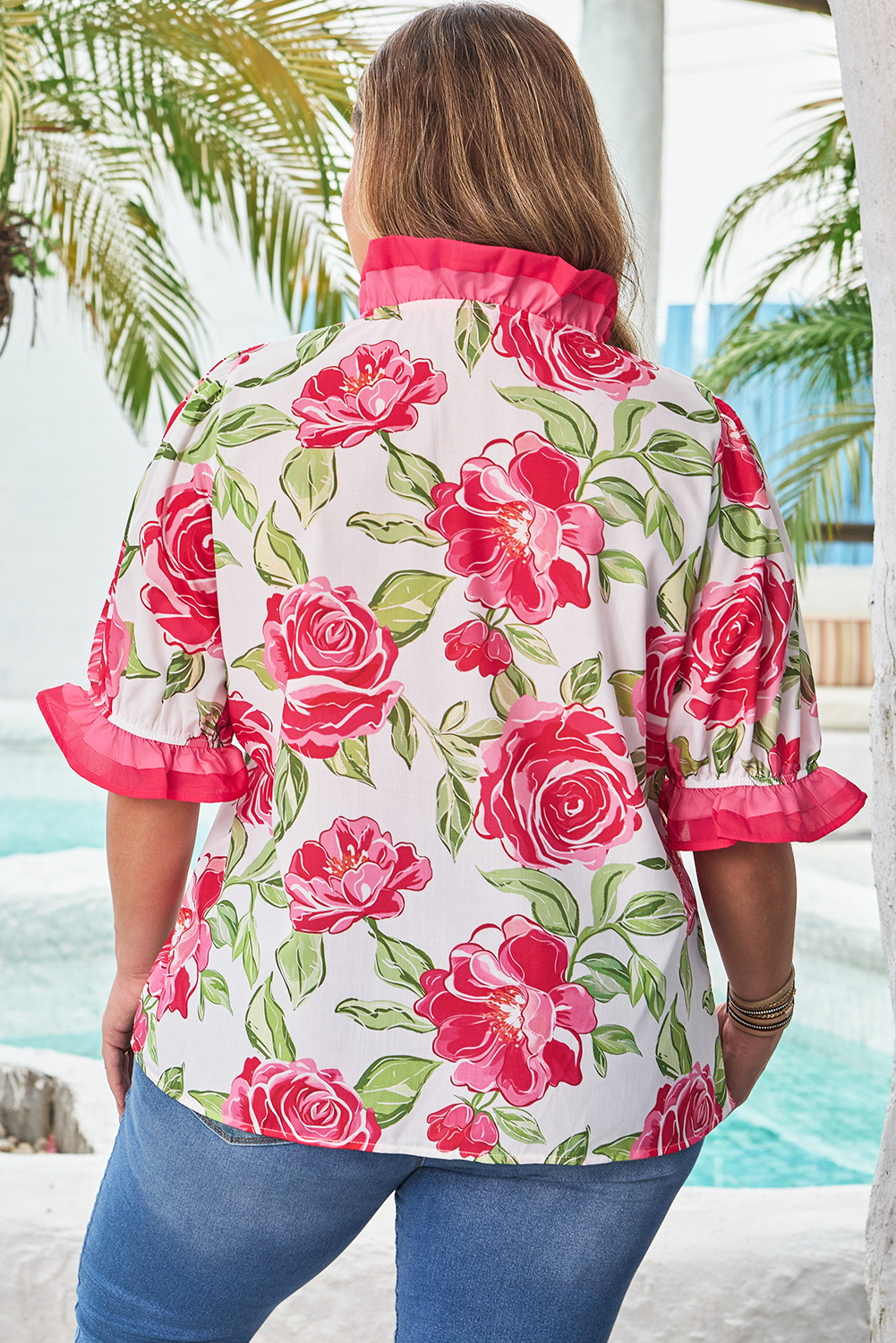 Rose Plus Size Floral Print Frilled Stripes Detail Short Sleeve Blouse - Image 2